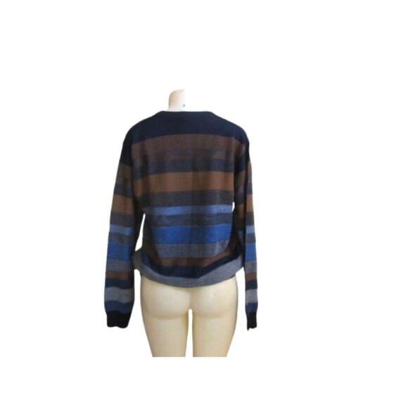 Bullock & Jones Striped Virgin Wool & Acrylic Sweater Size L Blue/Brown Made In - Picture 3 of 5